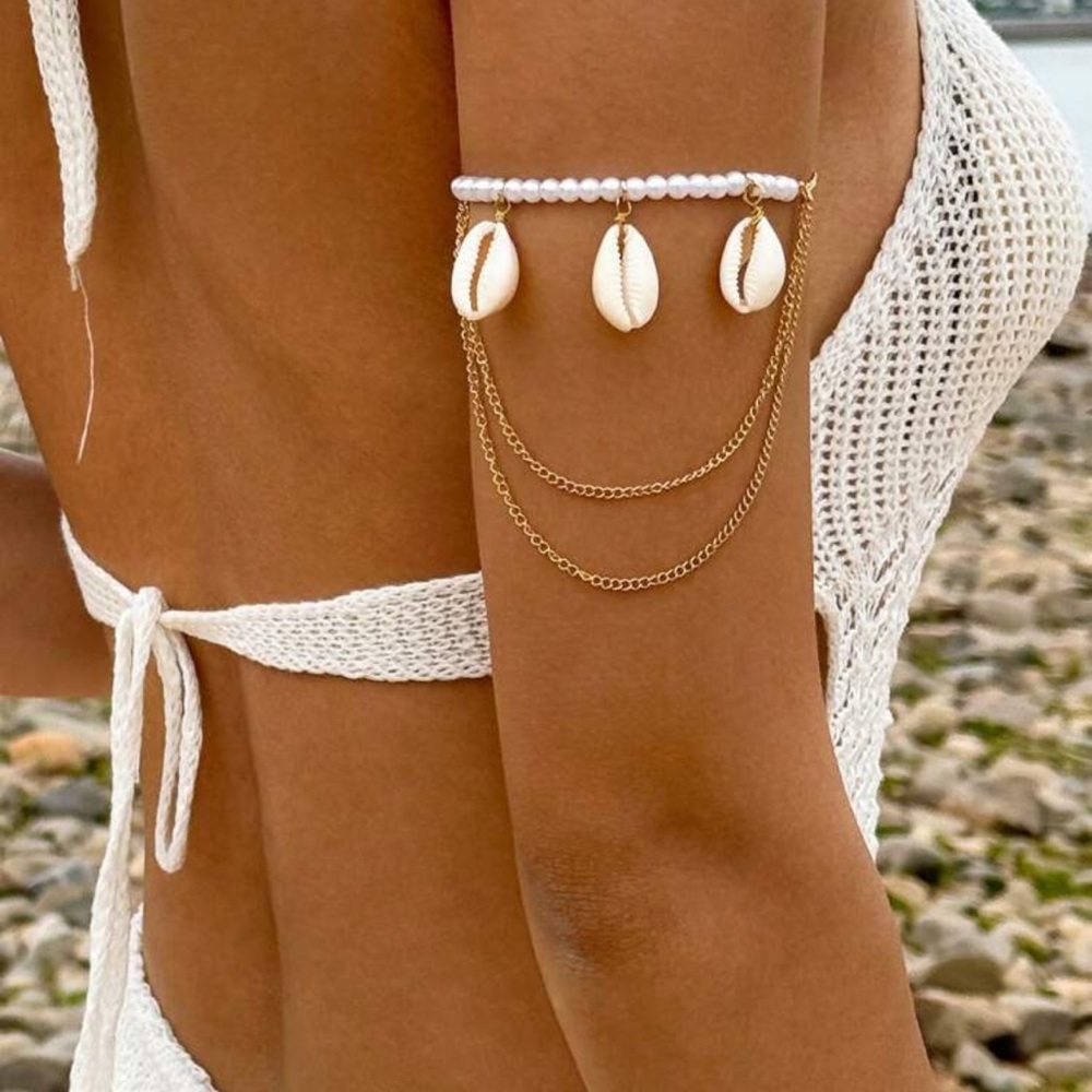 imoli 1pc Beach Holiday Style Multilayer Alloy Chain With Mixed Pearl, Shell,